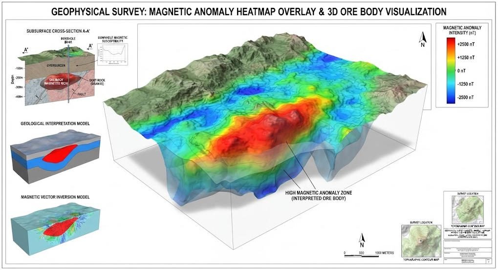 Magnetic anomaly detection data map showing subsurface geological structures