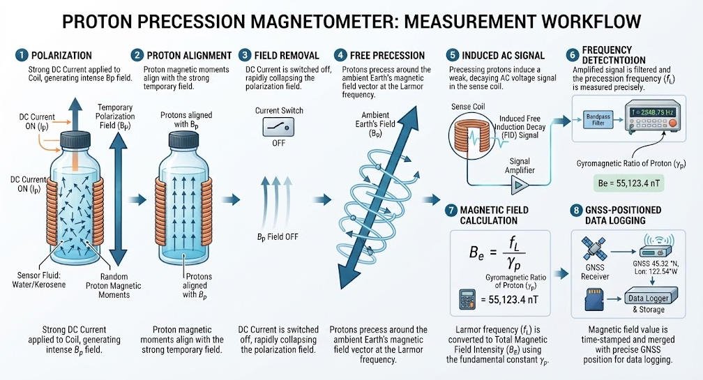 Proton magnetometer measurement workflow from polarization to data logging