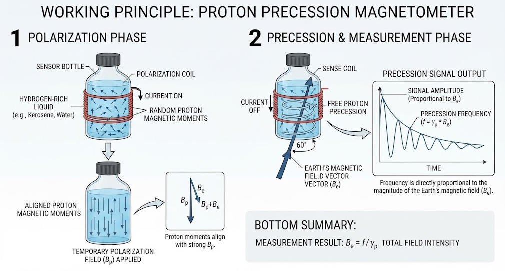 Proton precession magnetometer working principle showing hydrogen proton alignment and precession