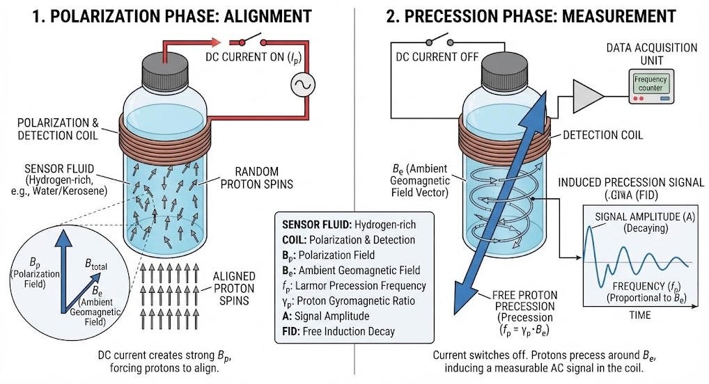Proton polarization and free precession measurement process