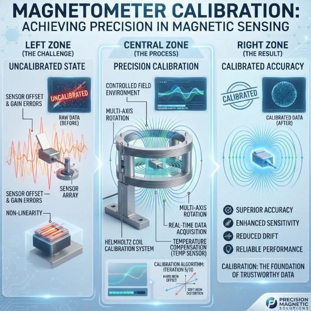Square educational diagram outlining magnetometer calibration steps, highlighting uncalibrated error states, Helmholtz coil processing, and calibrated accuracy outcomes.
