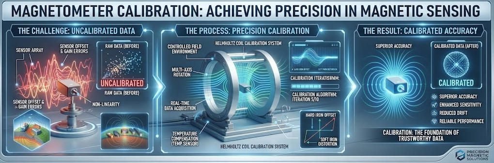 Technical wide banner depicting the magnetometer calibration process using a Helmholtz coil system to correct sensor offset and hard/soft iron distortions.