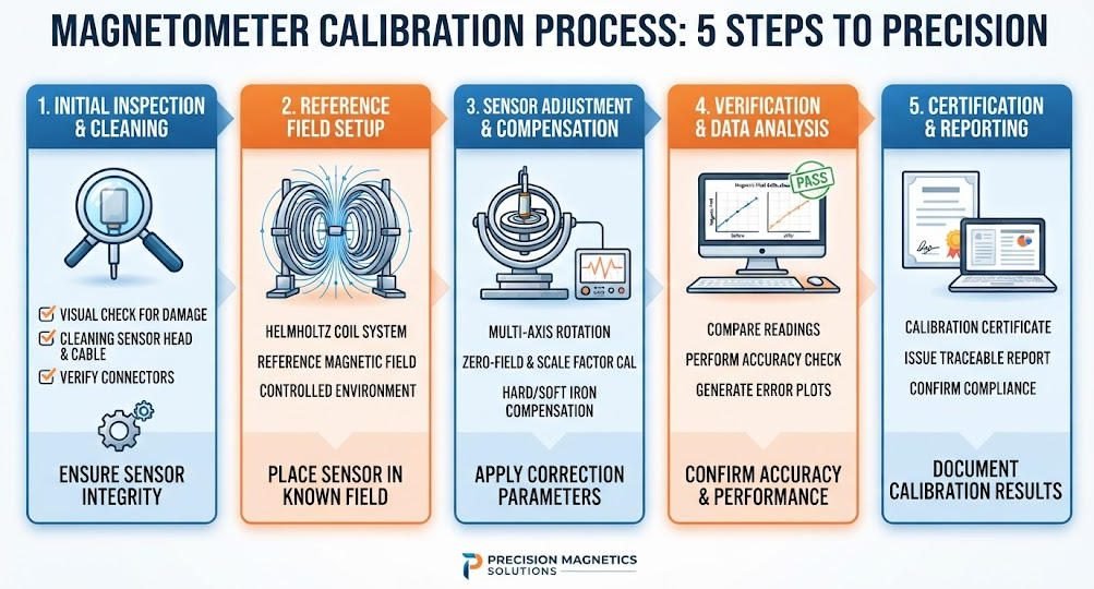 Magnetometer calibration process steps diagram for geophysical survey instruments