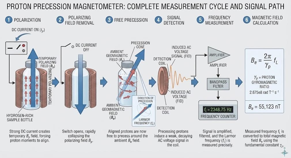 Step-by-step proton precession measurement process
