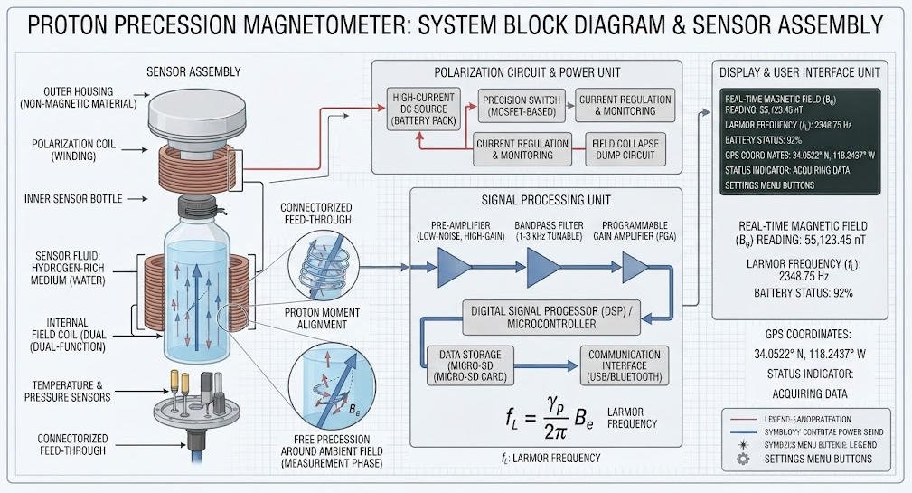 Main components of a proton precession magnetometer