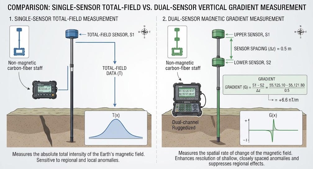 Single-sensor and dual-sensor proton magnetometer gradient survey setup