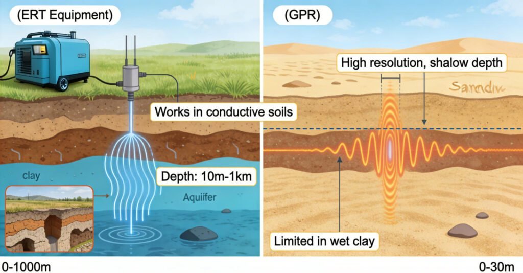 Comparison of ERT equipment depth penetration vs GPR