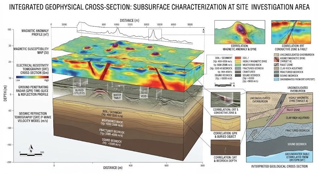 Integration of magnetic surveying with ERT, GPR and seismic methods