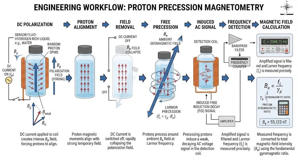 Proton precession magnetometer measurement sequence from polarization to frequency detection