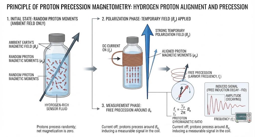 Proton precession magnetometer principle showing proton magnetic moments and ambient magnetic field