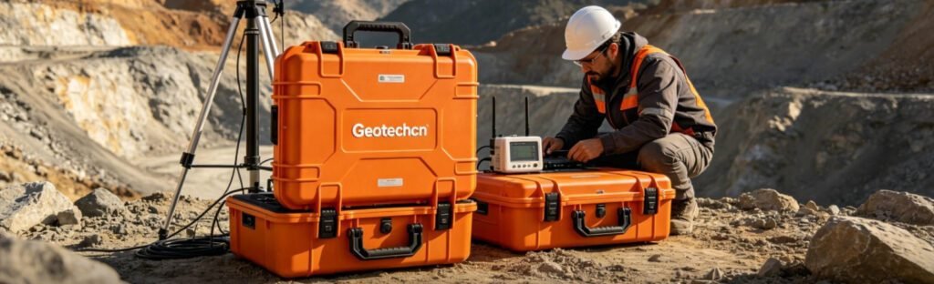 Field photo of geologist operating Geotechcn ERT/IP geophysical prospecting equipment at open-pit mine site with GPS tripod beside rugged rocky terrain