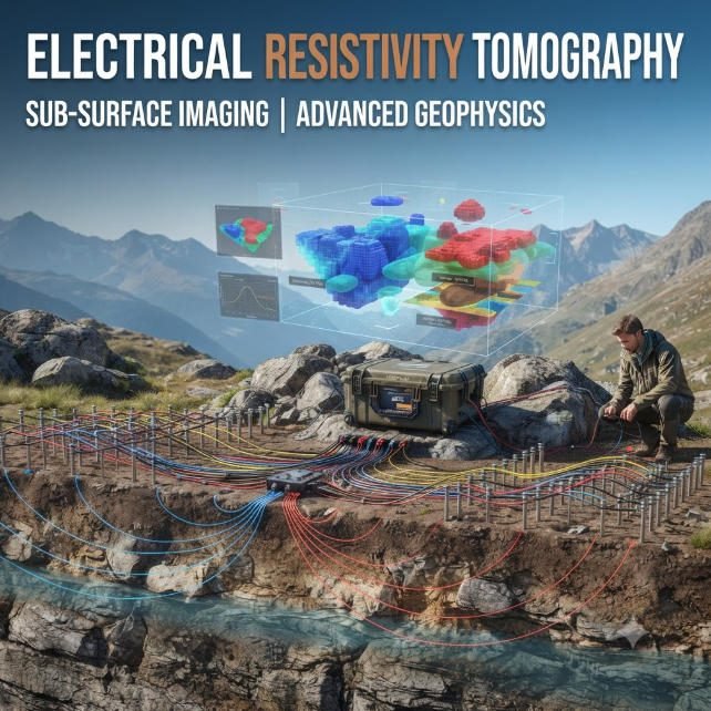 Geophysical sub-surface imaging technology: Electrical Resistivity Tomography (ERT) hardware and real-time 3D data visualization in a rugged mountain environment.