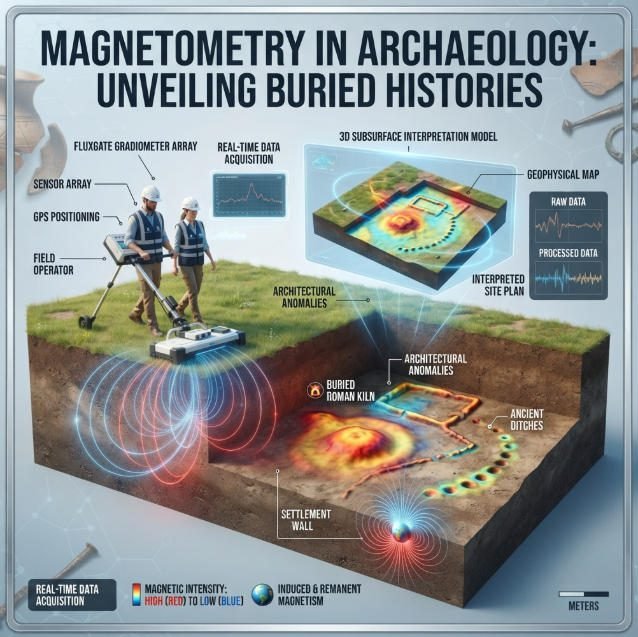 Magnetometry in archaeological prospection: 3D rendered wide banner illustrating geophysical field survey methods, fluxgate gradiometer equipment, and subsurface magnetic anomaly interpretation.