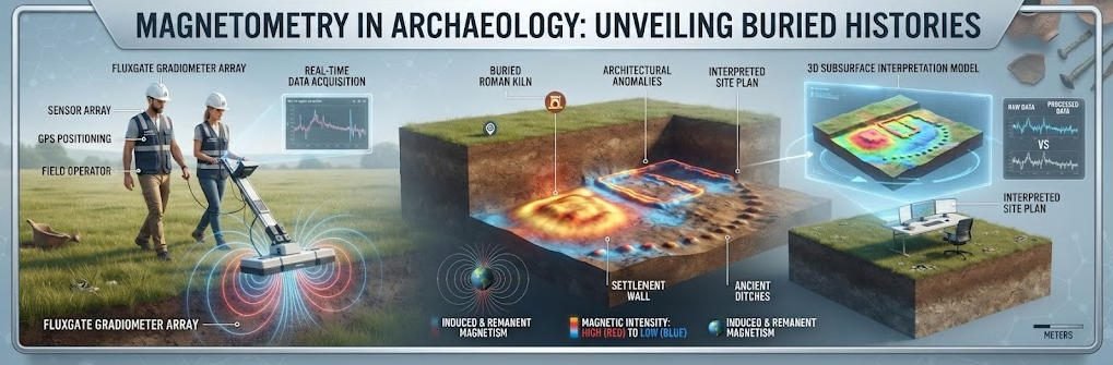 Magnetometry in archaeological prospection: 3D rendered wide banner illustrating geophysical field survey methods, fluxgate gradiometer equipment, and subsurface magnetic anomaly interpretation.