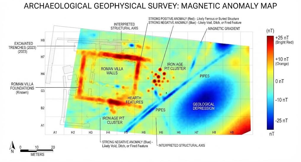 Magnetic anomaly map showing buried archaeological structures and features