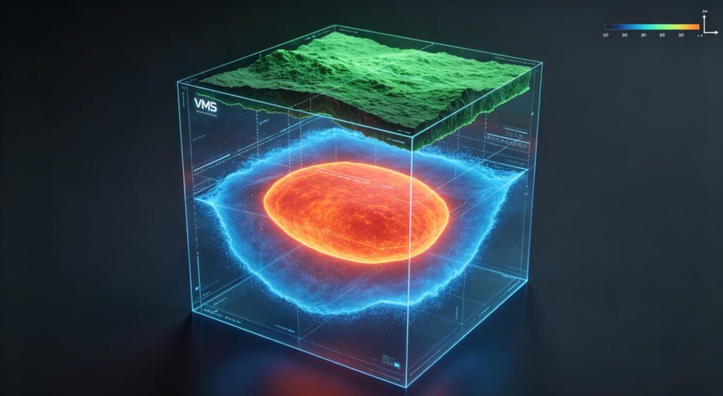 3D Resistivity and Chargeability Modeling and Visualization—displaying the results of modern 3D ERT+IP data inversion, where the subsurface VMS ore body is clearly revealed in 3D space as a high-chargeability anomaly (red) and a low-resistivity body (blue).