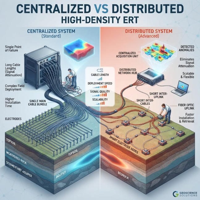 Wide comparison banner of centralized vs distributed high-density ERT systems, detailing field deployment structures, cable management, and subsurface geophysical data acquisition.