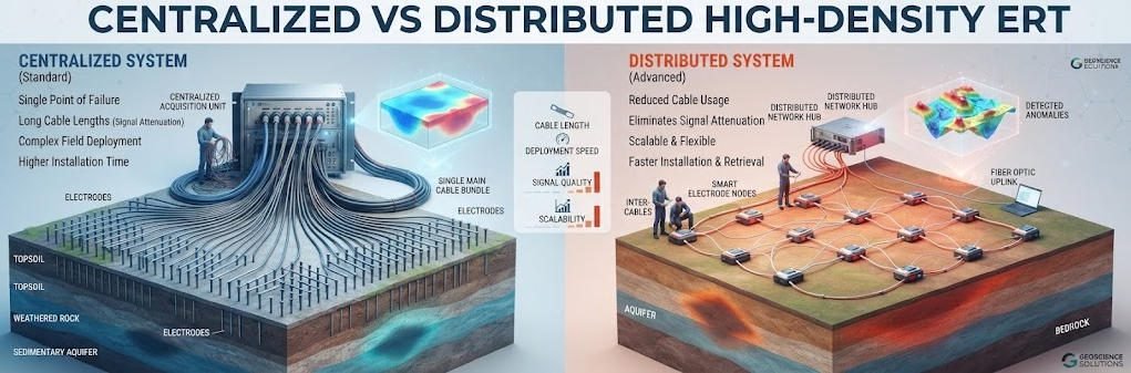 Centralized vs distributed high-density ERT geophysical system comparison: 3D rendered diagram highlighting differences in cabling, deployment speed, signal quality, and subsurface imaging architecture.