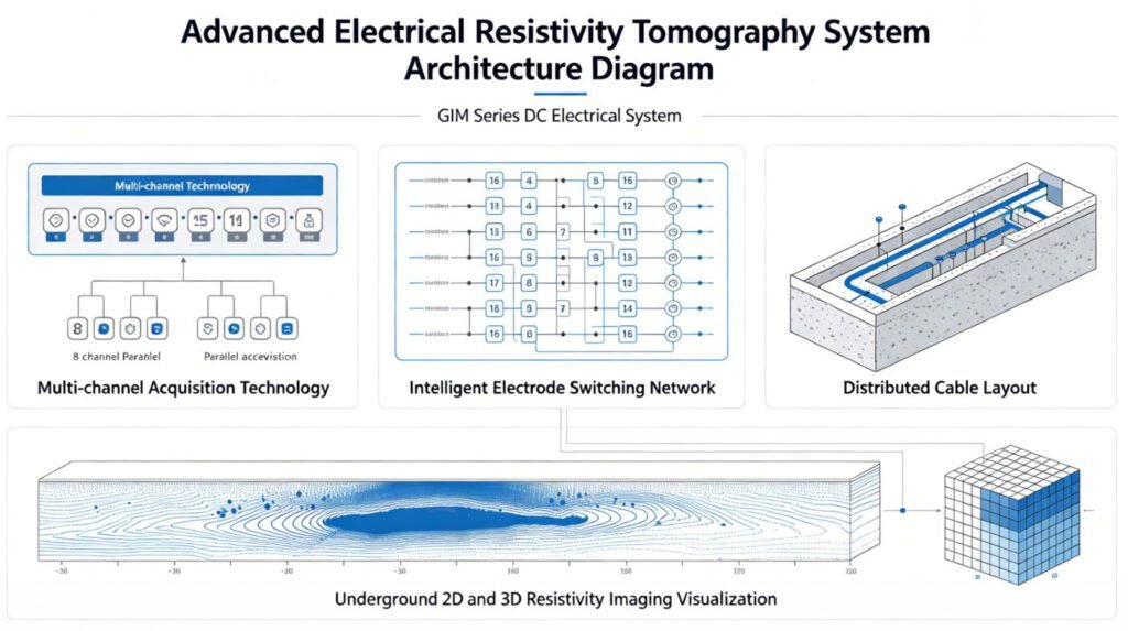 GIM Series Electrical Resistivity Tomography system architecture showing multi-channel acquisition and intelligent electrode switching