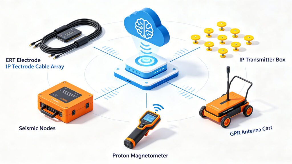 Integrated geophysical exploration solution diagram, including ERT electrode cable array, seismic nodes, proton magnetometer, GPR antenna cart and IP transmitter box