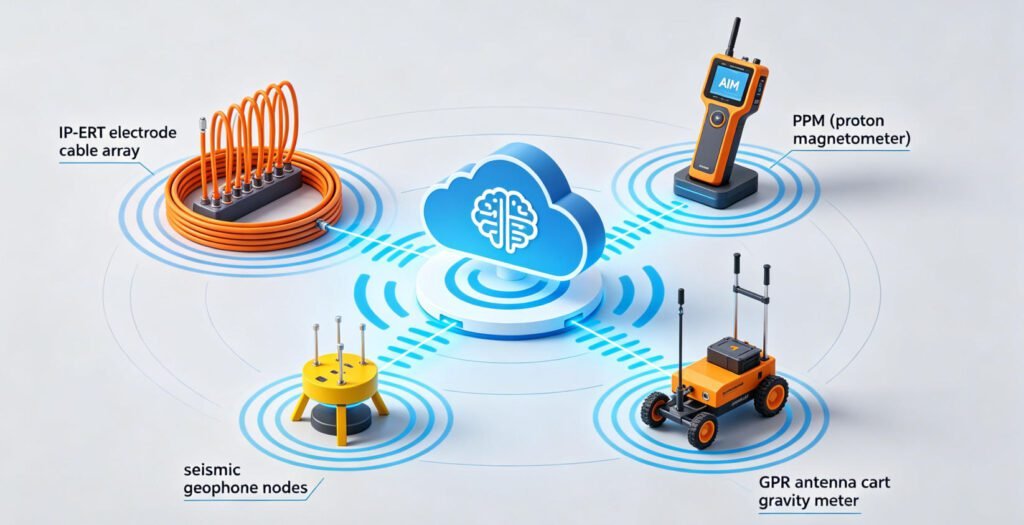 Schematic diagram of the integrated multi-method equipment layout for VMS exploration—featuring an IP-ERT array, proton magnetometer, seismic reflection instrument, and GPR antenna integrated within a unified survey grid and connected via wireless signals to a central data processing platform.
