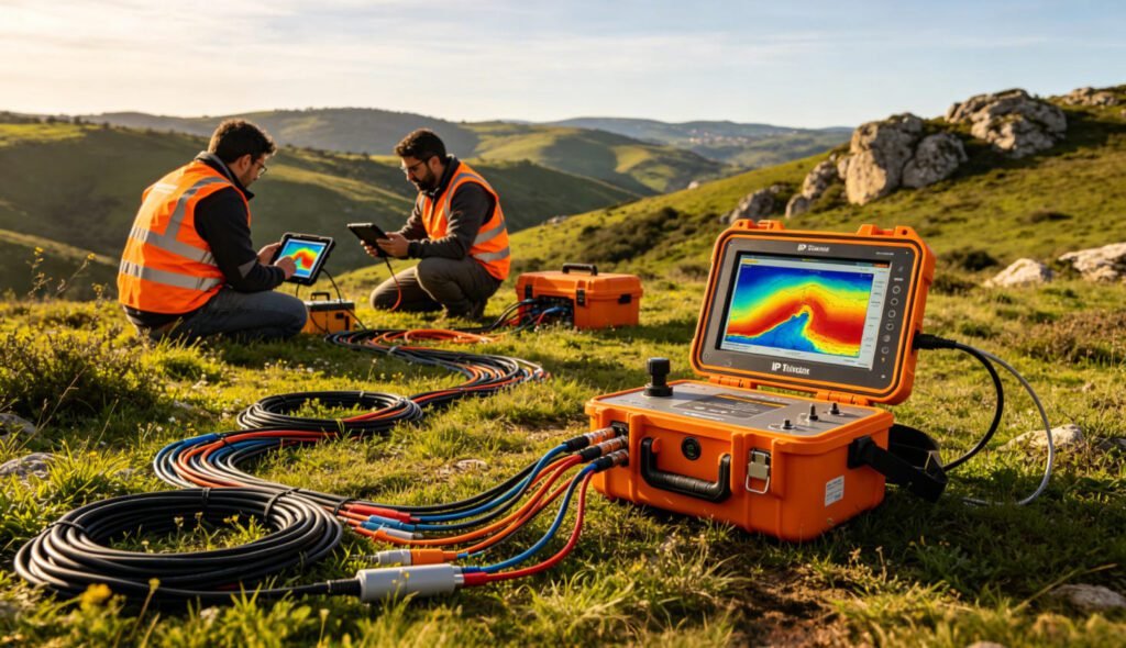 Combined IP-ERT field survey: Induced Polarization (IP) and Electrical Resistivity Tomography (ERT) equipment operating in tandem at a mountainous VMS deposit in Portugal, with technicians monitoring chargeability and resistivity data in real-time via tablet computers.