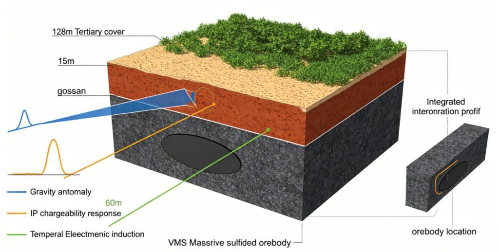 Schematic profile illustrating the VMS discovery at Lagoa Salgada beneath the overburden—showing the massive sulfide orebody under 128 meters of Cenozoic cover, alongside the geophysical response profiles from the integrated gravity, IP, and TEM survey.