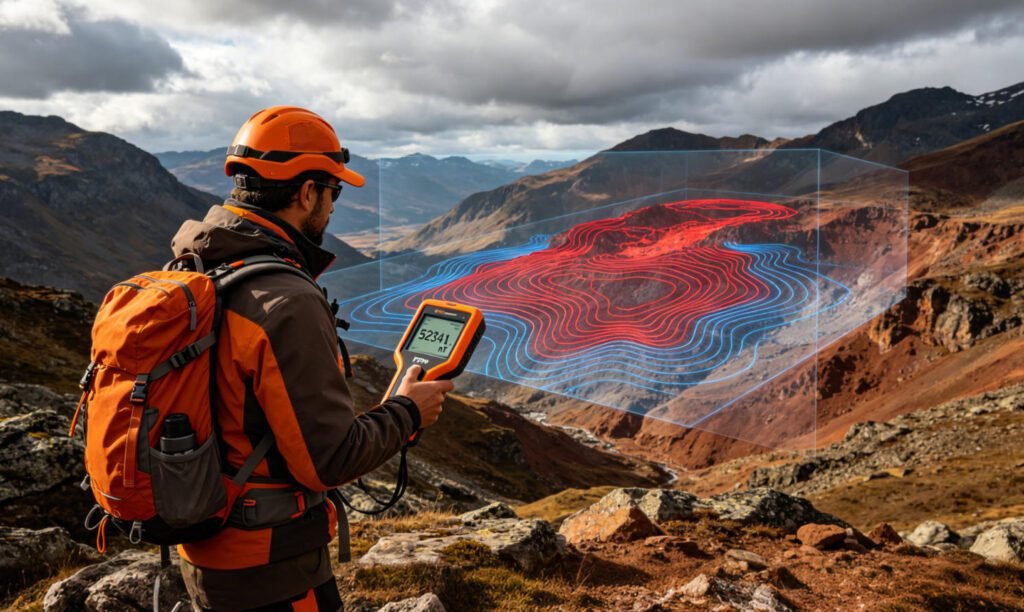 Field technician using proton magnetometer conducting mineral exploration survey in mountainous field work, with real-time magnetic field contour map visualization
