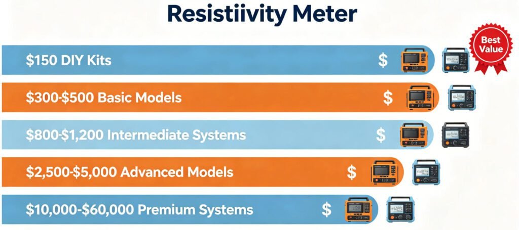 Resistivity meter price range comparison chart 2026 showing five tiers from DIY kits at $150 to premium systems at $60,000 with professional tier highlighted as best value zone