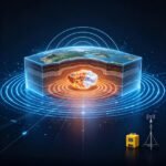 VMS volcanogenic massive sulfide deposit geophysical exploration thumbnail, showing integrated ERT resistivity imaging, IP induced polarization, magnetic and seismic node technologies detecting subsurface orebody in 3D visualization.