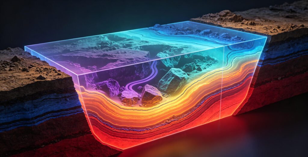 A stunning 3D subsurface resistivity model visualization showing a vertical cross-section of earth layers.