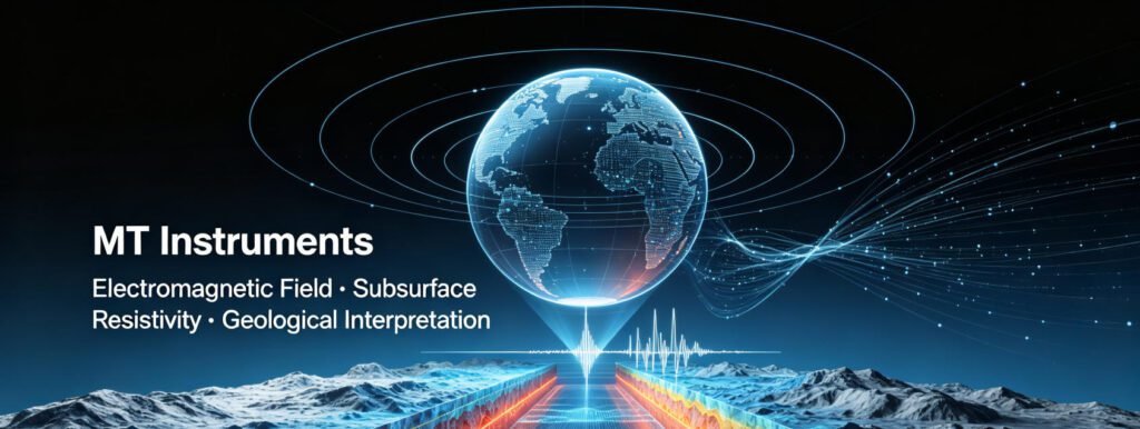 MT Instruments EM exploration diagram: Tech-driven depiction of Earth, electromagnetic fields, and subsurface resistivity profiling.