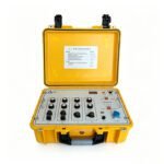Portable MT magnetotelluric instrument in rugged yellow case, featuring control knobs, digital display, and connection ports for geophysical subsurface resistivity surveys.