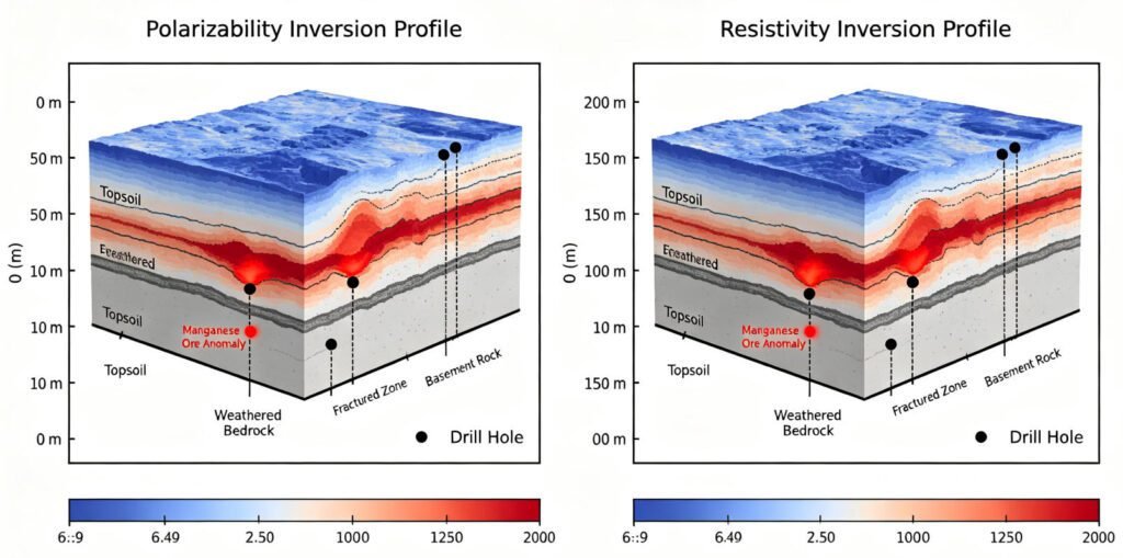 SSIP polarizability and resistivity inversion profiles with geological interpretation showing high-polarization manganese ore anomalies in syncline structure