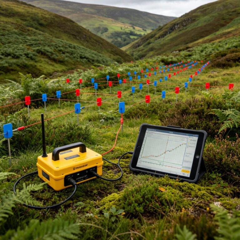 Geophysical survey team deploying SSIP spread spectrum IP equipment