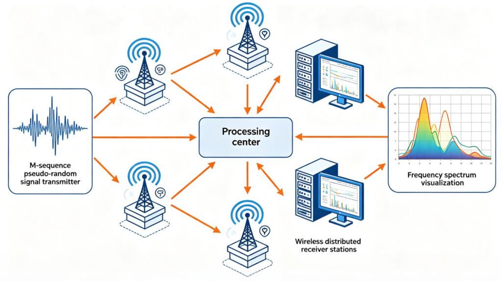 SSIP system architecture diagram showing M-sequence transmitter, wireless distributed receiver array, and data processing workflow
