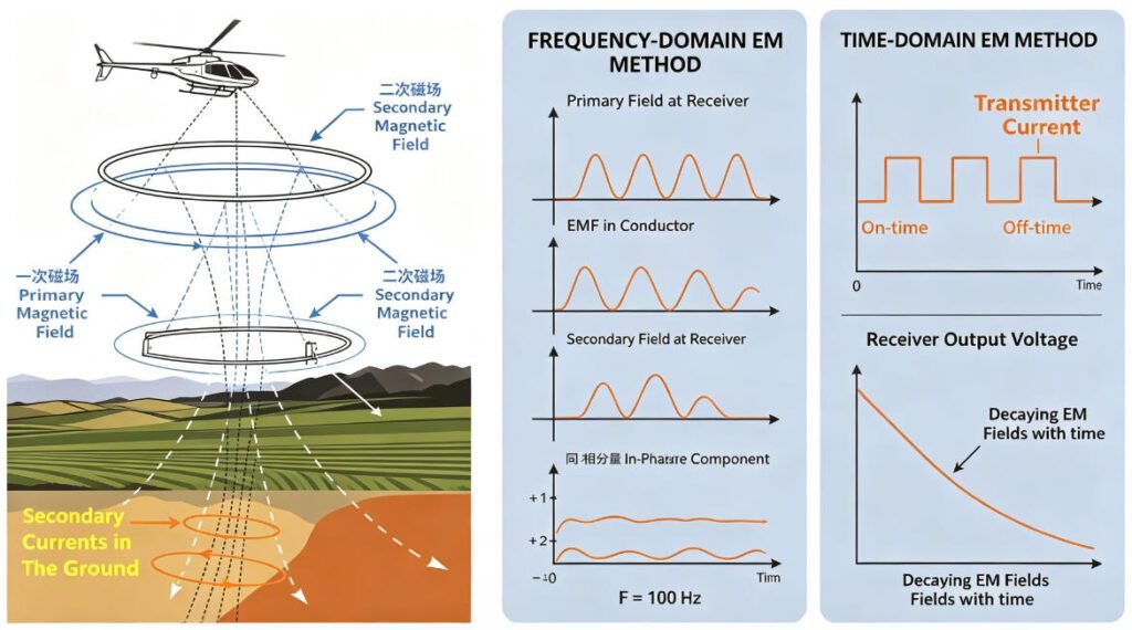 Helicopter airborne electromagnetic (AEM) system schematic showing TDEM transmitter current waveform, off-time decay, and FDEM in-phase/quadrature component decomposition for geophysical exploration.