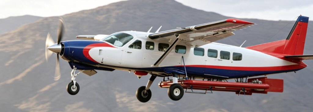 Geotech airborne survey aircraft (registration C-GE) flying over mountainous terrain with red sensor pod mounted beneath, conducting geophysical exploration for mineral or groundwater resources.