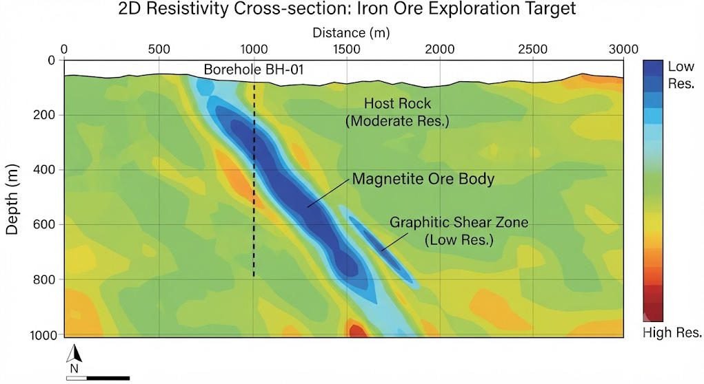 2D apparent resistivity inversion profile showing magnetite ore body location and depth