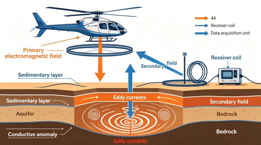 ATEM detection principle schematic showing primary field, eddy currents and secondary field for airborne electromagnetic exploration