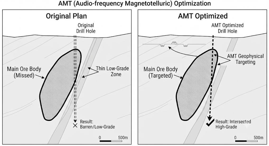 Side-by-side comparison diagram. Left panel labeled "Original Plan" shows a drill hole missing the main ore body and hitting a thin low-grade zone. Right panel labeled "AMT Optimized" shows the drill hole shifted to intersect the thick high-grade ore body. Simple line art style, cross-section view, clear labels for ore body and drill hole. Clean white background, professional engineering schematic.