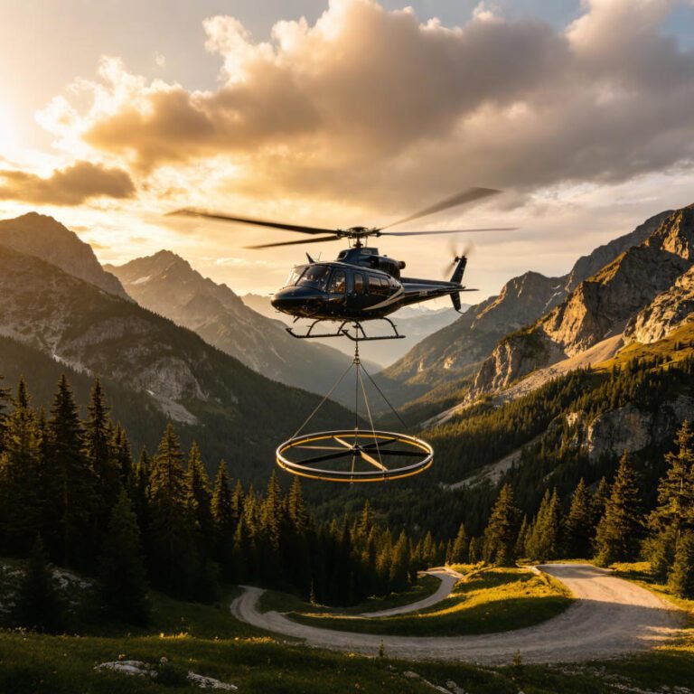 Helicopter TEM system conducting airborne electromagnetic survey in complex mountainous terrain
