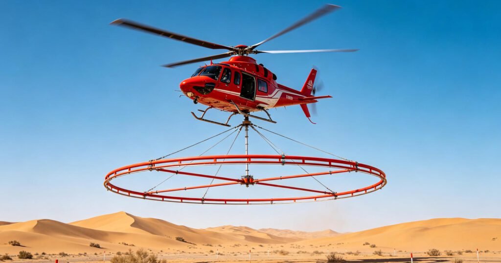 Chinese CAS-HTEM airborne electromagnetic system conducting desert geophysical survey
