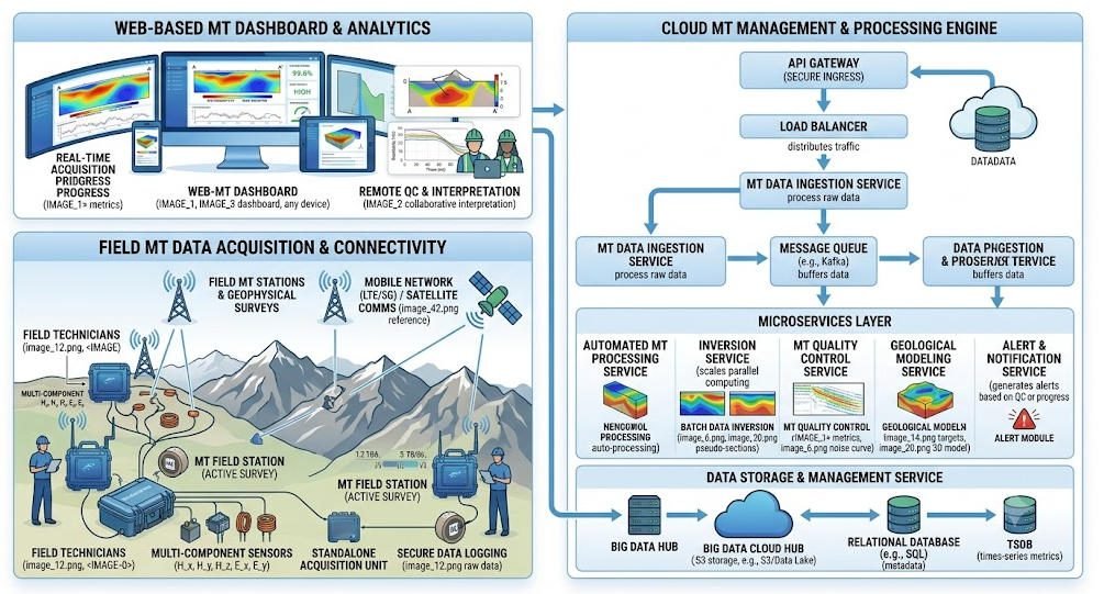 Cloud-connected MT platform architecture showing field instruments, cloud server, dashboard, and data management modules