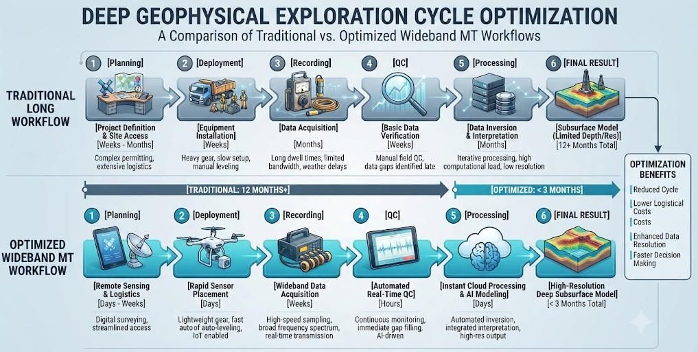 Deep geophysical exploration cycle optimization with wideband MT survey instrument