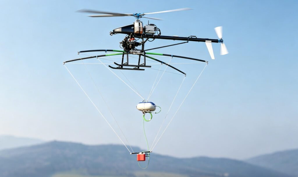 Aeroscout B1-100 unmanned helicopter conducting airborne geophysical survey, with multi-sensor pod suspended beneath via stabilizing cables over mountainous terrain.