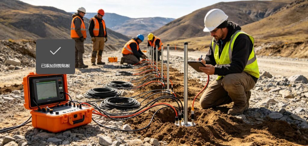Field crew deploying electrical resistivity tomography (ERT) electrodes for groundwater exploration survey