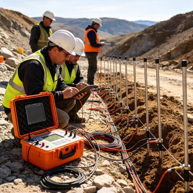 Field crew deploying electrical resistivity tomography (ERT) electrodes for groundwater exploration survey