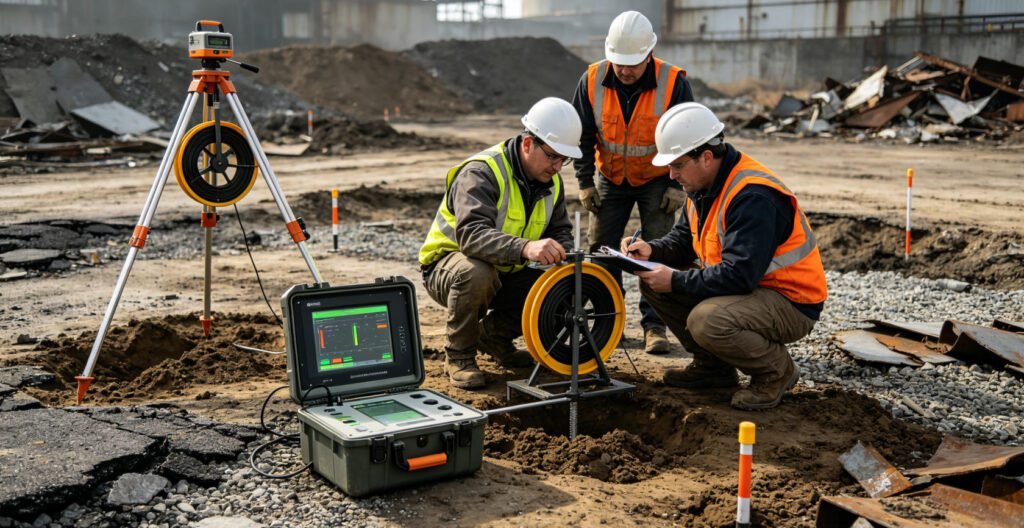 Field crew deploying electromagnetic geophysical survey coils for environmental site assessment