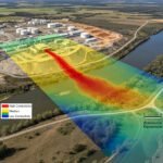 Electromagnetic survey conductivity map showing environmental contamination plume boundaries at industrial site